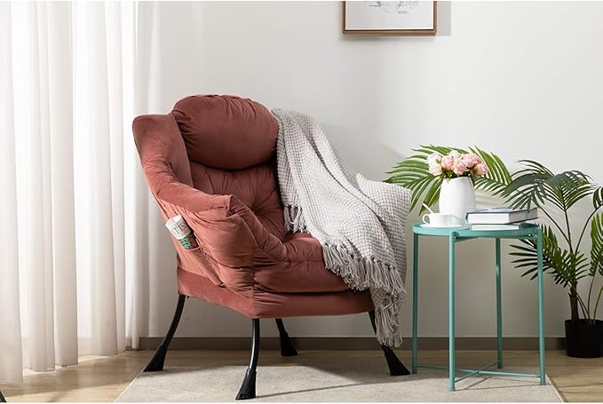 AcozyHom Modern Velvet Fabric Lazy Chair, Accent Cotton Contemporary Lounge Chair, Single Steel Frame Leisure Sofa Chair with Armrests and A Side Pocket, Thick Padded Back, Dusty Rose - LeafyLoom