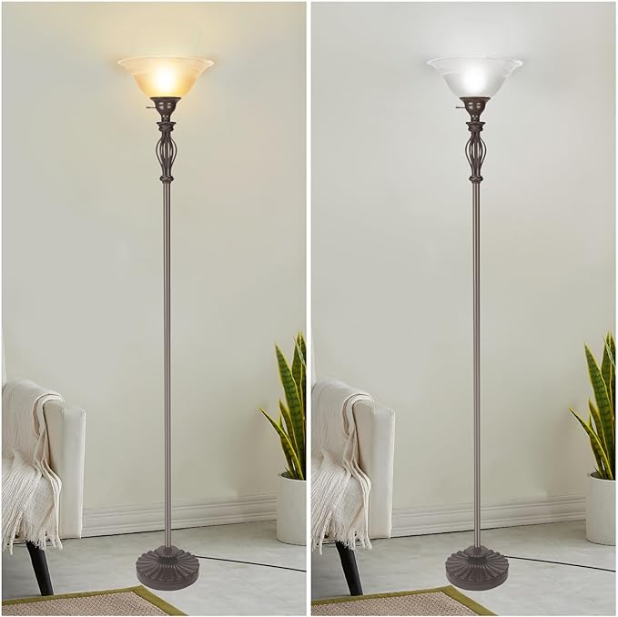 Torchiere Floor Lamps for Living Room & Bedroom – Stand Up Lamp with Corner Floor Lamp Design – Traditional Iron Scroll 70" Tall Alabaster Glass Bowl Shade (Brown) - LeafyLoom