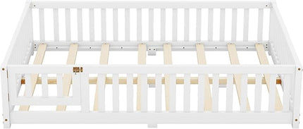 Multifunctional Full Size Floor Bed with Safety Guardrails and Door, Removable Wood Slats, Montessori Beds Frame for Toddlers, Easy Assembly, for Boys and Girls Room, White - LeafyLoom