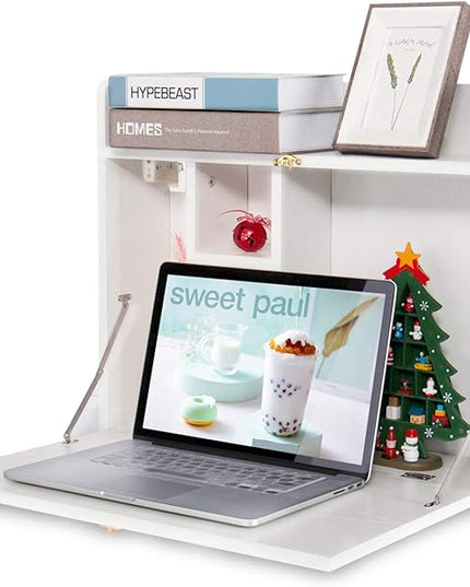 YUSING Wall Mounted Table, Multifunctional Fold Down Wall Mounted Laptop Computer Desk with Storage Compartments for Home, Office, White - LeafyLoom