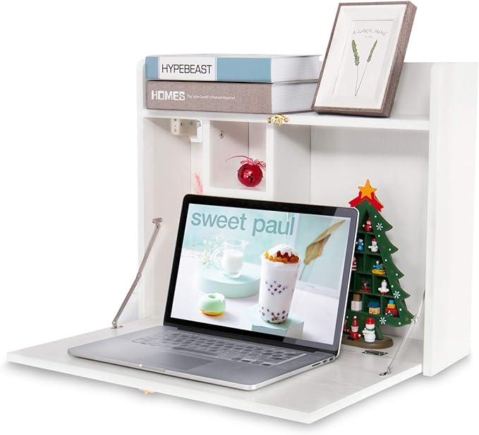 YUSING Wall Mounted Table, Multifunctional Fold Down Wall Mounted Laptop Computer Desk with Storage Compartments for Home, Office, White - LeafyLoom