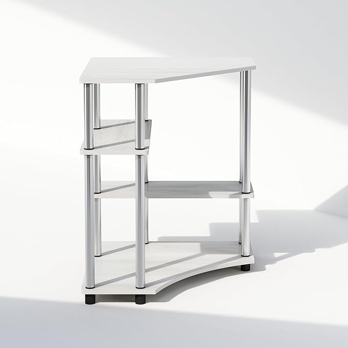 Furinno Turn-N-Tube Multipurpose Corner Shelf, Display Rack, Bookshelf, White Oak, Stainless Steel Tubes - LeafyLoom