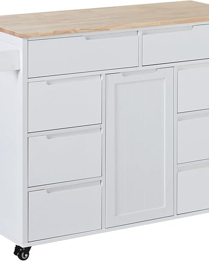 Kitchen Island on Lockable Wheels, Mobile Kitchens Cart with Rubber Wood Countertop, w/Drawer and Storage Cabinet for Dining Room, Bar - LeafyLoom