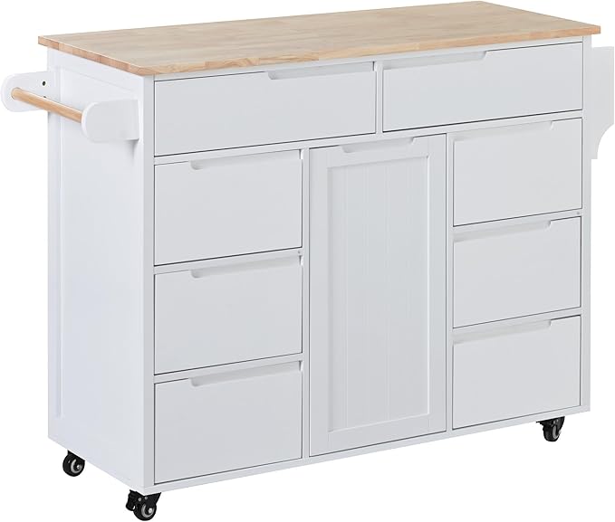 Kitchen Island on Lockable Wheels, Mobile Kitchens Cart with Rubber Wood Countertop, w/Drawer and Storage Cabinet for Dining Room, Bar - LeafyLoom