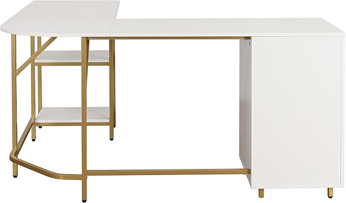 Techni Mobili L Shaped Desk - Two-Toned Computer Desk with Drawers & Storage Shelves - Simple Modern Furniture & Home Office Space Corner Table for Work & Writing - LeafyLoom