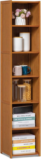 MoNiBloom Tall Slim Narrow Bookcase Bamboo 6 Tier Free Standing Tall Bookshelf Display Storage Shelves Collection Décor Furniture for Home Living Room Study Room, Brown - LeafyLoom