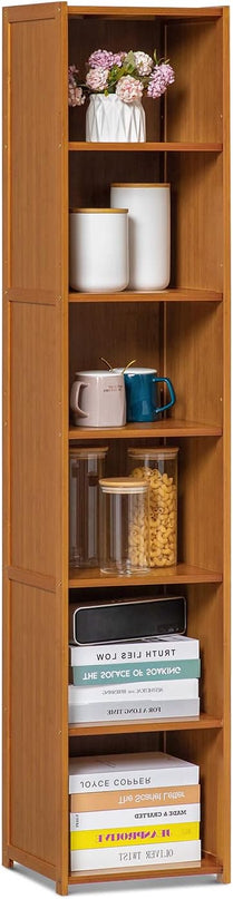 MoNiBloom Tall Slim Narrow Bookcase Bamboo 6 Tier Free Standing Tall Bookshelf Display Storage Shelves Collection Décor Furniture for Home Living Room Study Room, Brown - LeafyLoom