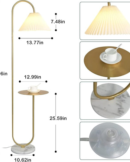 Modern Elegant with Tray Floor Lamp for Office Cafe Den Living Room Bedroom, Foot Switch and Brass/Gold Finish,Light Yellow Pleated Cloth Lampshade - LeafyLoom