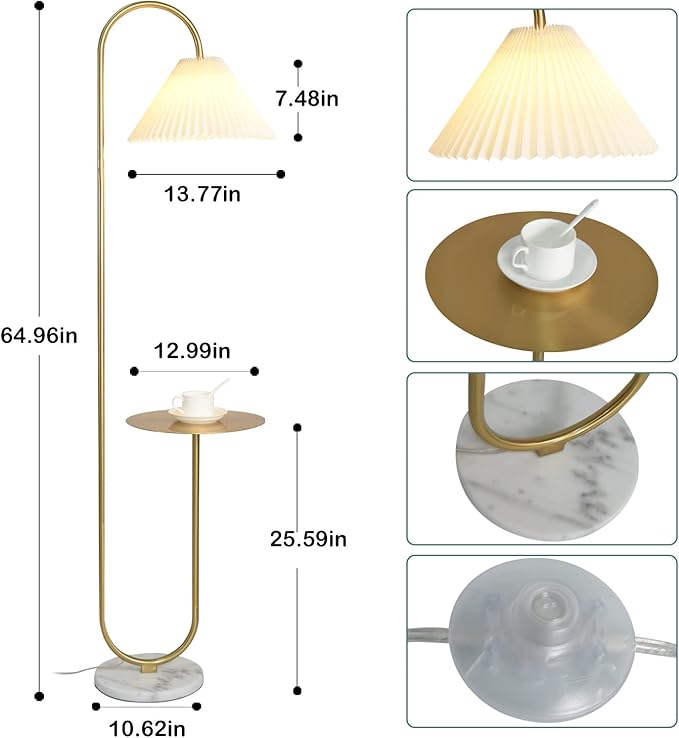 Modern Elegant with Tray Floor Lamp for Office Cafe Den Living Room Bedroom, Foot Switch and Brass/Gold Finish,Light Yellow Pleated Cloth Lampshade - LeafyLoom