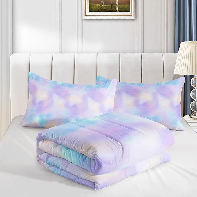 Axolotl Tie Dye Bedding Set Twin,Pink Blue Purple Comforter Set,Boho Psychedelic Bedding Colorful Tie Dye Pastel Comforter Set,Rainbow Bedding Set for Kids Girls Teens Women,1 Quilt 2 Pillowcases - LeafyLoom