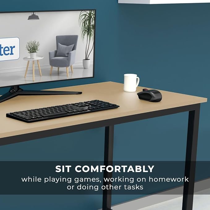 Halter Computer Desk for Home Office 47” Work Table Easy Assembly Walnut Desk Black Frame - LeafyLoom