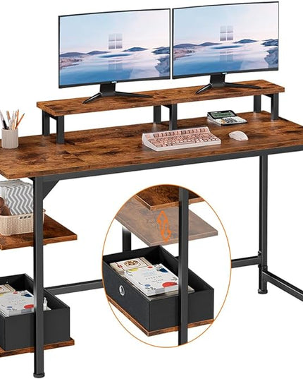 Furologee Computer Desk with Shelves and Fabric Drawer, 47" Home Office Gaming Desk with Monitor Stand, Reversible Study Writing Desk with Hooks, Rustic Brown - LeafyLoom