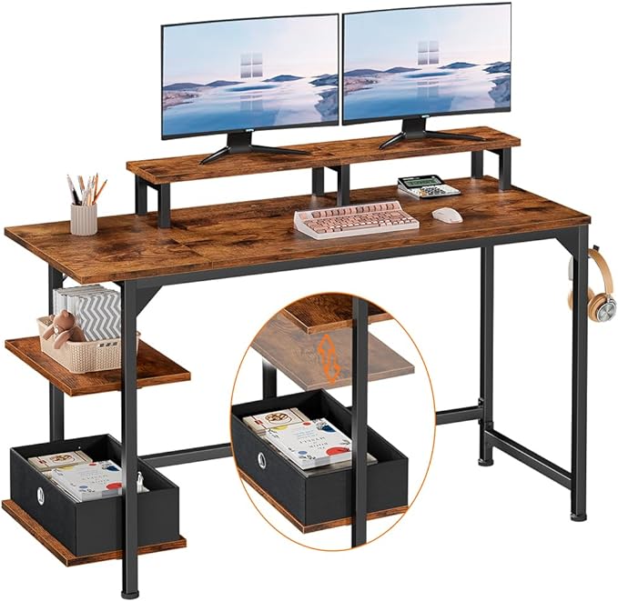 Furologee Computer Desk with Shelves and Fabric Drawer, 47" Home Office Gaming Desk with Monitor Stand, Reversible Study Writing Desk with Hooks, Rustic Brown - LeafyLoom