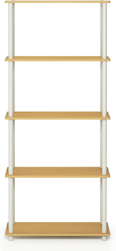 Furinno Turn-N-Tube 5-Tier Multipurpose Shelf / Display Rack / Storage Shelf / Bookshelf, Round Tubes, Beech/White - LeafyLoom