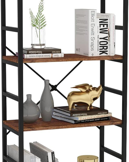 4 Tier Industrial Book Shelf,Modern Small Book Case for Books, Garage Kit, CDs, Movies, Standing BookShelves Display Rack for Bedroom/Living Room/Home Office - Rustic Brown Wood Bookcase - LeafyLoom