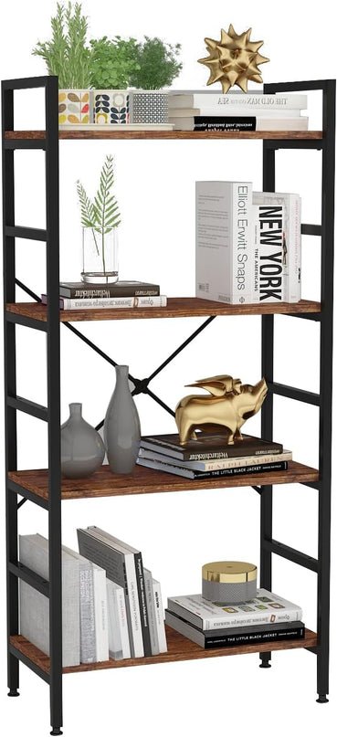 4 Tier Industrial Book Shelf,Modern Small Book Case for Books, Garage Kit, CDs, Movies, Standing BookShelves Display Rack for Bedroom/Living Room/Home Office - Rustic Brown Wood Bookcase - LeafyLoom
