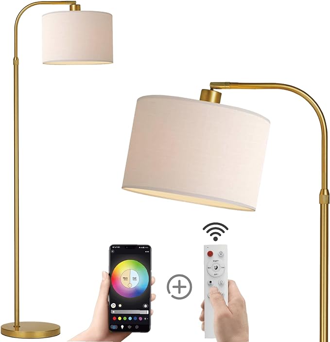 Gold Floor Lamp with Remote Control, 1200 Lumens 15W LED Bulb Included, Adjustable Height Arc Floor Lamps for Living Room, Modern Gold Standing Lamp Dimmable Floor Lamp for Bedroom, Office - LeafyLoom