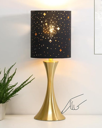 Touch Lamp for Bedroom, 3 Way Dimmable Gold Table Lamp with Black Starry Shade, Decorative Nightstand Lamp Ambient Beside Light for Living Room, Guest Room, Office 3000K LED Bulb Included - LeafyLoom