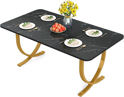 Dining Room Table, Kitchen Table with Faux Marble Table Top and Gold Metal Legs - LeafyLoom