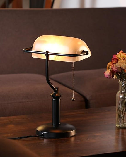 TORCHSTAR Pale Yellow Glass Bankers Desk Lamp, UL Listed, Antique Desk Lamps with Uniquely Textured, Traditional Library Lamp with Pull Chain, E26 Base, Desk Lamp for Office, Study Room - LeafyLoom