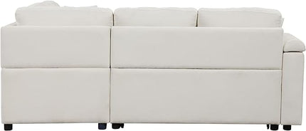 Boucle Upholstered Reversible Sleeper Sectional Sofa with Pull Out Bed , 3 Seater L Shaped Convertible Corner Couch with Cupholders&USB Ports, Power Sockets, Small Pullout Sofabed for Living Room - LeafyLoom
