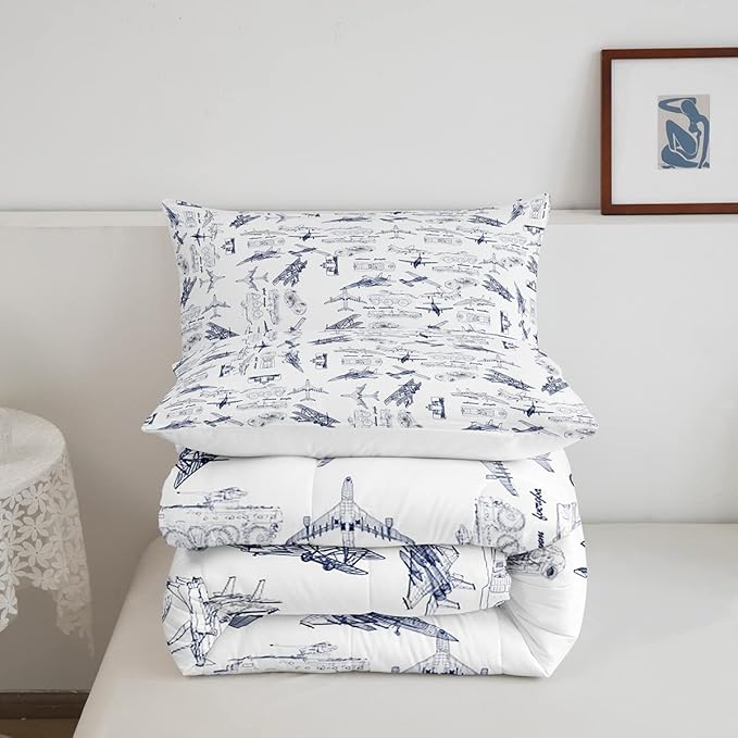 Feelyou Aircraft Bedding Set Kids Airplane Print Comforter Set Boys Girls Decor Aircraft Flying Comforter Cover Set Microfiber Sketch Style Blue White Duvet Set Bedroom Quilt Set Twin Size - LeafyLoom