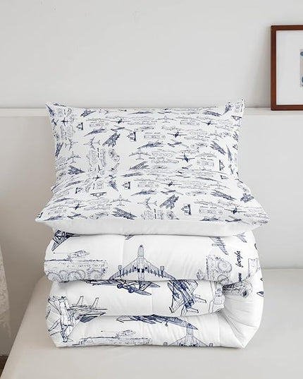 Feelyou Aircraft Bedding Set Kids Airplane Print Comforter Set Boys Girls Decor Aircraft Flying Comforter Cover Set Microfiber Sketch Style Blue White Duvet Set Bedroom Quilt Set Queen Size - LeafyLoom