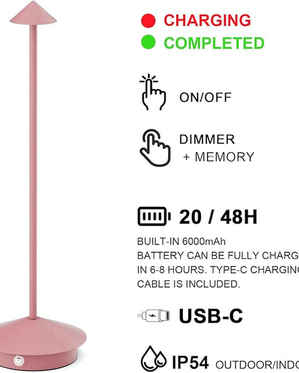 2-Pack 6000mAh Rechargeable LED Table Lamps,Outdoor Cordless Table Lamp Waterproof Portable, 3-Color Stepless Dimmable Modern Lamp for Restaurant/Bedroom(Pink) - LeafyLoom