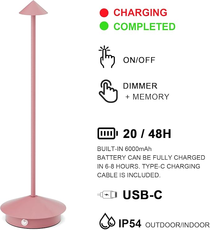 2-Pack 6000mAh Rechargeable LED Table Lamps,Outdoor Cordless Table Lamp Waterproof Portable, 3-Color Stepless Dimmable Modern Lamp for Restaurant/Bedroom(Pink) - LeafyLoom