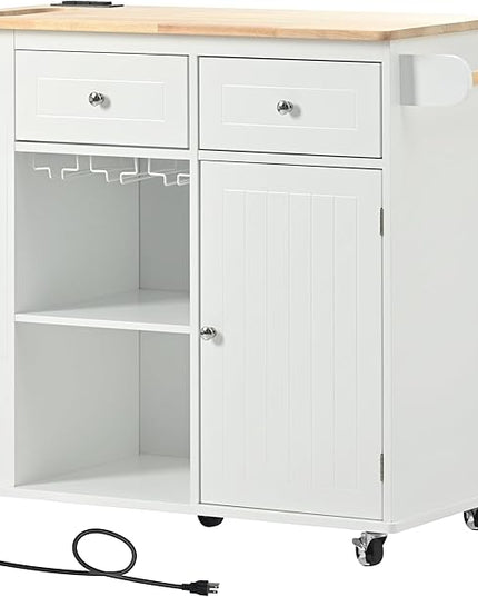 40Inch Kitchen Storage Island Table with Drop Leaf, Power Outlet, Kitchen-Car on 5 Wheels w/Open Cabinets, Drawer and Entire-Side Spice Rack for Dining Room, Home, Kitchen - LeafyLoom