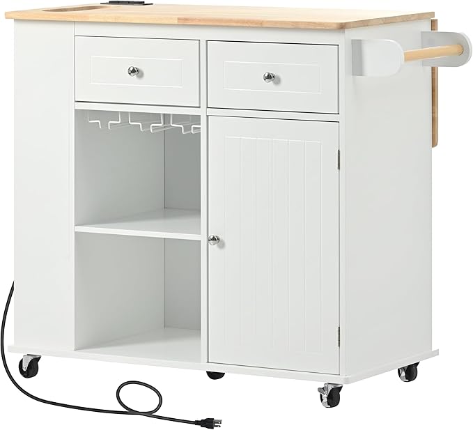 40Inch Kitchen Storage Island Table with Drop Leaf, Power Outlet, Kitchen-Car on 5 Wheels w/Open Cabinets, Drawer and Entire-Side Spice Rack for Dining Room, Home, Kitchen - LeafyLoom