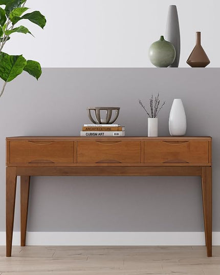SIMPLIHOME Harper SOLID HARDWOOD 54 Inch Wide Mid Century Modern Console Sofa Table in Teak Brown, for The Living Room Entryway and Bedroom - LeafyLoom