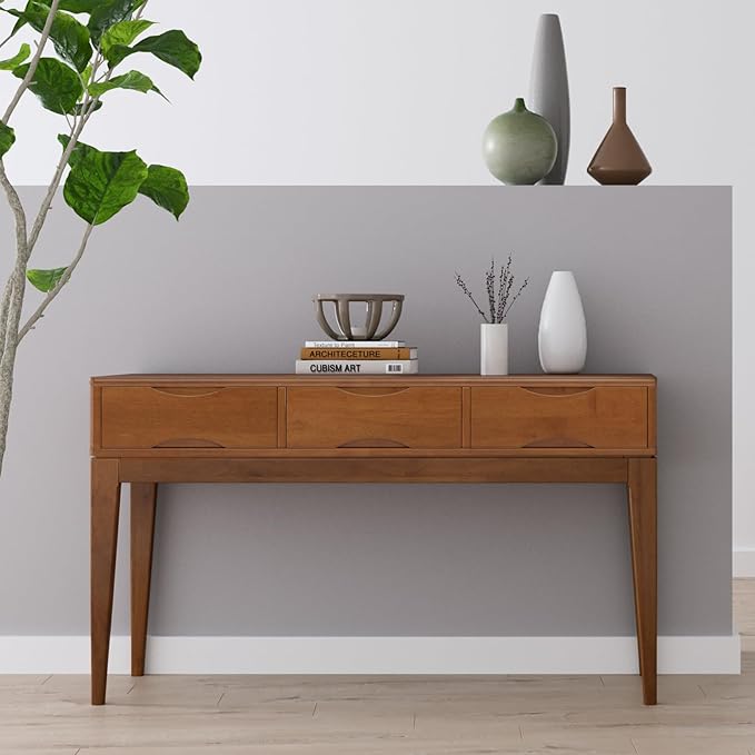 SIMPLIHOME Harper SOLID HARDWOOD 54 Inch Wide Mid Century Modern Console Sofa Table in Teak Brown, for The Living Room Entryway and Bedroom - LeafyLoom