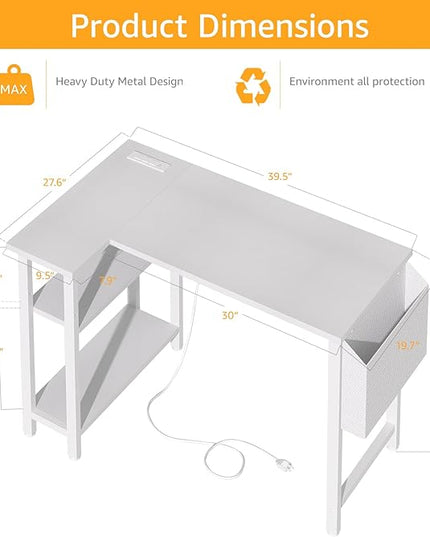 White L Shaped Computer Desk with Power Outlet Shelves, 40 Inch Small Corner Desk for Small Space Home Office, Study Work PC Desks for Bedroom, White - LeafyLoom