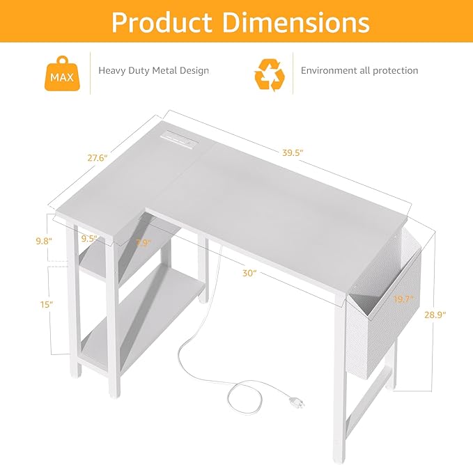 White L Shaped Computer Desk with Power Outlet Shelves, 40 Inch Small Corner Desk for Small Space Home Office, Study Work PC Desks for Bedroom, White - LeafyLoom