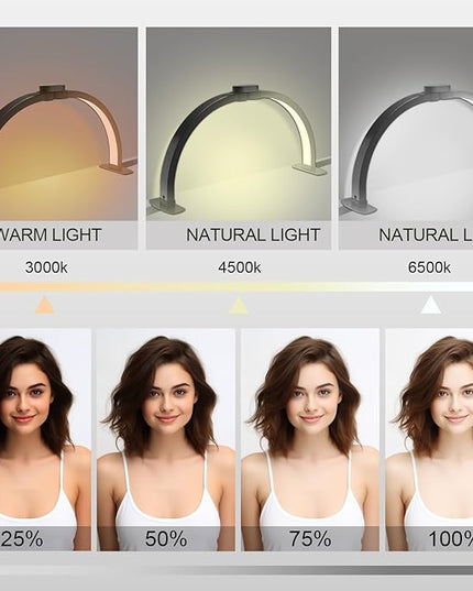 Foldable Half Moon Light for Nail Desk, 29 Inch Desk Lamp with Phone Holder for Video Creation, 3 Light Modes 3000-6500K Esthetician Lash Light for Eyelash, Nail, Video - LeafyLoom