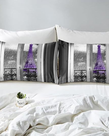 Erosebridal Purple Eiffel Tower Comforter Set Full,vintage France Paris Bedding Set for Girls Teens Women Retro City Building Down Comforter Romantic Rainy Day Quilt Set 2 Pillow Cases Bedroom Decor - LeafyLoom
