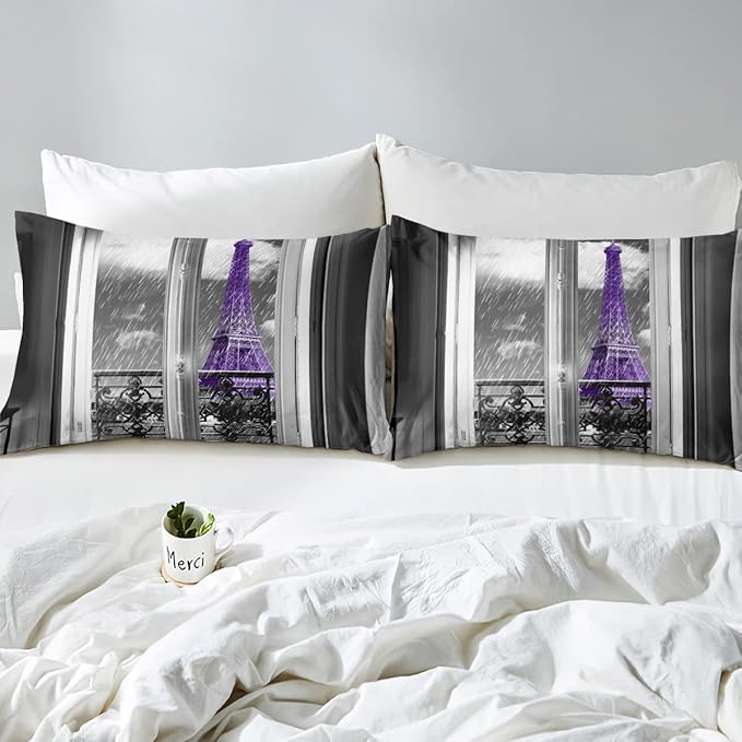 Erosebridal Purple Eiffel Tower Comforter Set King,Vintage France Paris Bedding Set for Girls Teens Women Retro City Building Down Comforter Romantic Rainy Day Quilt Set 2 Pillow Cases Bedroom Decor - LeafyLoom