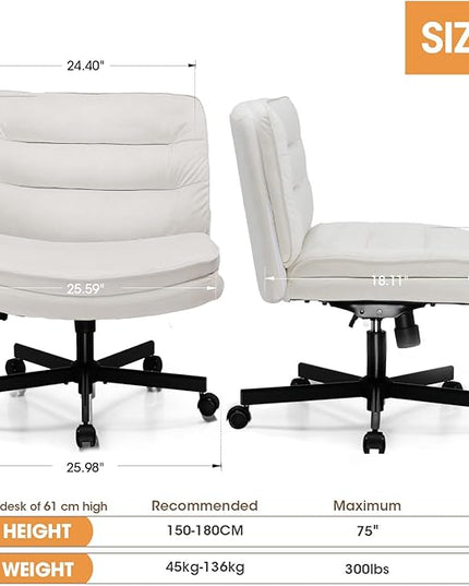 COMHOMA Criss Cross Chair with Wheels, Armless Wide Cross Legged Office Chair Mid Back, Modern Home Office Desk Chair Swivel Adjustable Vanity Computer Chair, Beige Velvet - LeafyLoom
