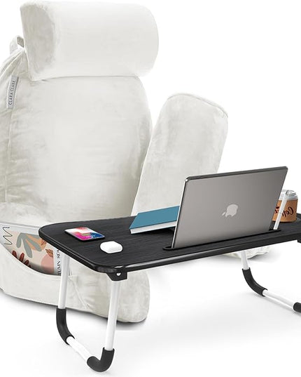 Clara Clark Reading Pillow with Portable Lap Desk for laptop Set, Back Pillow for Sitting Up in Bed, Memory Foam Back Support Pillow, Bed Rest Pillow with Foldable Laptop Desk, Large - White - LeafyLoom