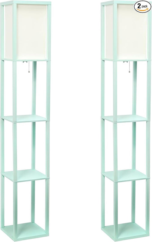 Simple Designs LF1014-AQU-2PK Three Shelf Etagere Organizer Storage Floor Lamp 2 Pack Set with White Linen Shade for Living Room, Bedroom, Office, Hallway, Aqua - LeafyLoom