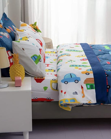 Wajade Cartoon Cars Comforter Set Bed in A Bag Queen Size Colorful Cars Bus Van Traffic Lights Bedding Set for Boys Kids (1 Comforter, 1 Flat Sheet, 1 Fitted Sheet, 2 Pillowcase and 2 Pillow Sham) - LeafyLoom