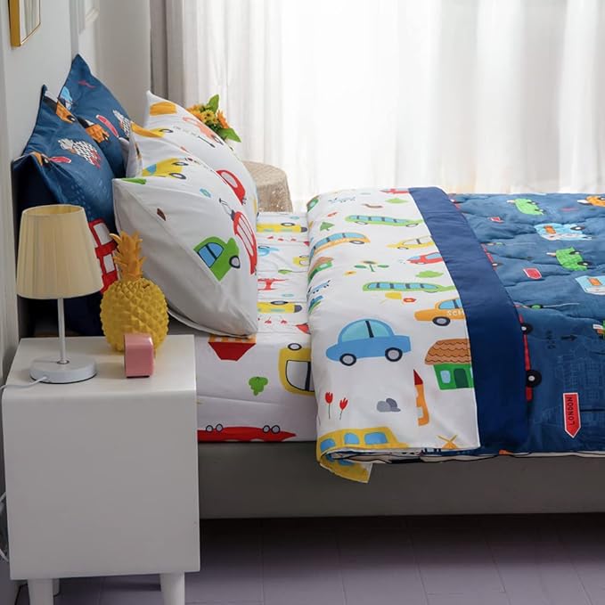 Wajade Cartoon Cars Comforter Set Bed in A Bag Full Size Colorful Cars Bus Van Traffic Lights Bedding Set for Boys Kids (1 Comforter, 1 Flat Sheet, 1 Fitted Sheet, 2 Pillowcase and 2 Pillow Sham) - LeafyLoom
