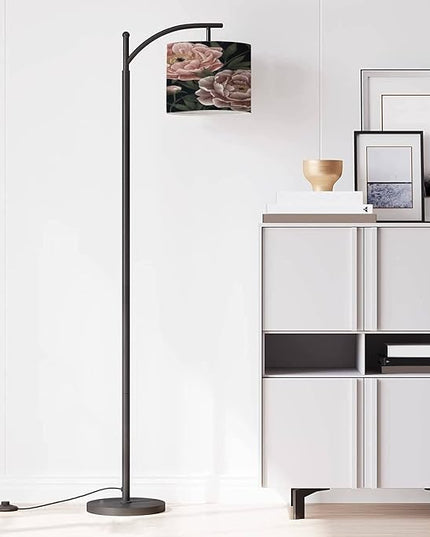 Modern Arc Floor Lamp with Dimmer Mid Century Floral seamless Botanical realistic peonies dark Vintage hand drawn Metal Standing Lamp with Linen Shade Footswitch for Living Room Bedroom Office - LeafyLoom
