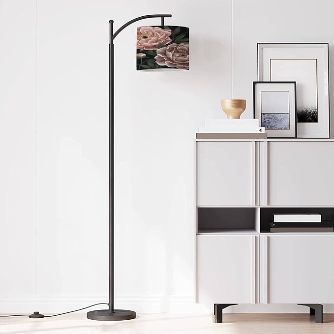 Modern Arc Floor Lamp with Dimmer Mid Century Floral seamless Botanical realistic peonies dark Vintage hand drawn Metal Standing Lamp with Linen Shade Footswitch for Living Room Bedroom Office - LeafyLoom