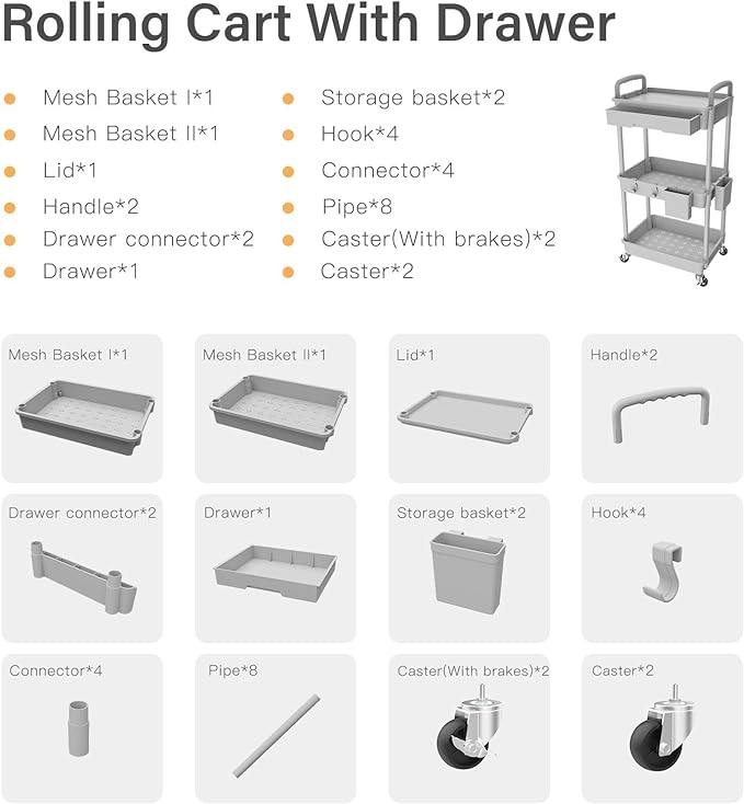 3 Tier Small Rolling Cart Organizer,Laundry Room Bathroom Organizers and Storage Office Shelves Mobile Shelving Unit Kitchen Trolley Cart with Wheels for Art,Craft,Diaper,Bedside,Snack(Grey) - LeafyLoom