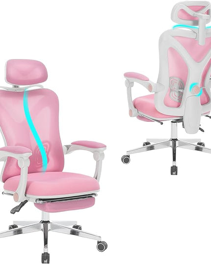 Ergonomic Office Chair with Footrest | Adjustable Lumbar Support, Reclining Desk Chair with Leg Rest, Comfortable Mesh Computer Chair for Home & Office (Pink) - LeafyLoom