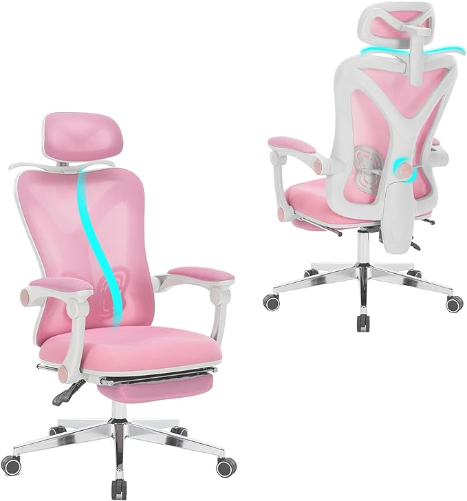 Ergonomic Office Chair with Footrest | Adjustable Lumbar Support, Reclining Desk Chair with Leg Rest, Comfortable Mesh Computer Chair for Home & Office (Pink) - LeafyLoom