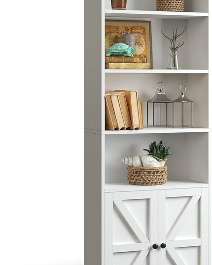 oneinmil 6 Tier Bookshelf and Bookcase, Wooden Bookshelves with Cabinet Doors, Floor Bookshelves and Office Storage Cabinets for Home Office, Living Room,White - LeafyLoom