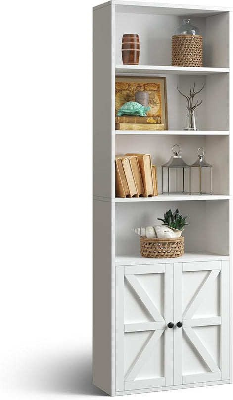 oneinmil 6 Tier Bookshelf and Bookcase, Wooden Bookshelves with Cabinet Doors, Floor Bookshelves and Office Storage Cabinets for Home Office, Living Room,White - LeafyLoom